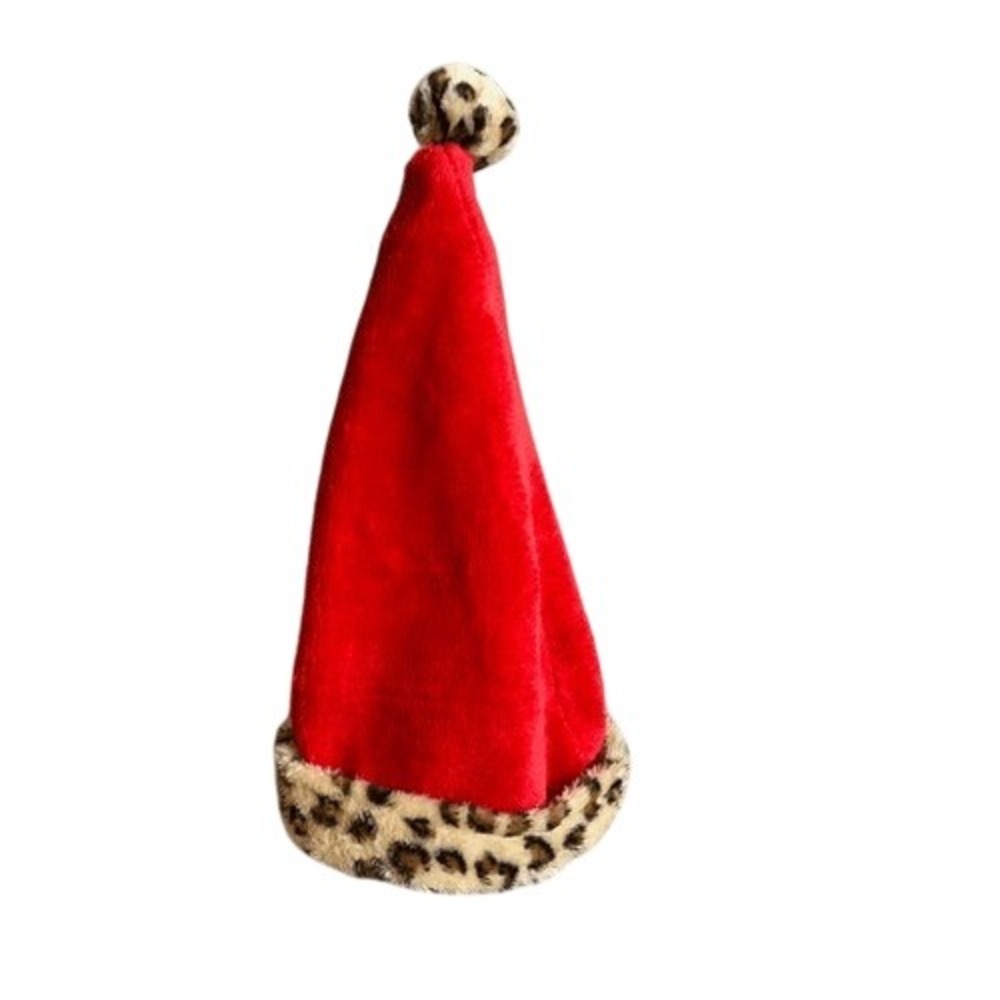 Red Santa‎ Hat Unisex Size M Animal Print Trim Holiday Christmas Festive